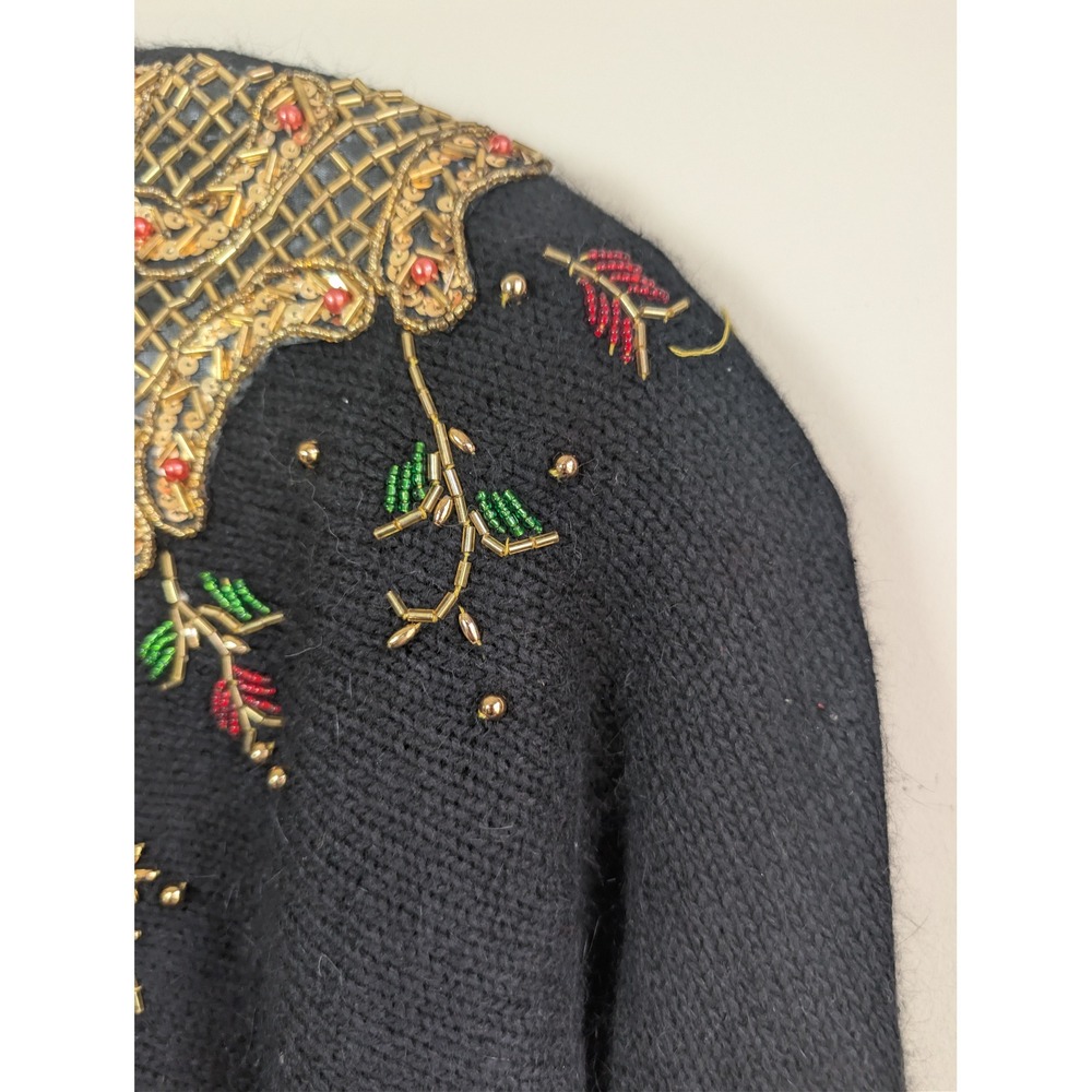 Vintage EMT Black Silk Angora Beaded Sequin Rose Sweater Womens L Holiday 90s - Picture 6 of 8